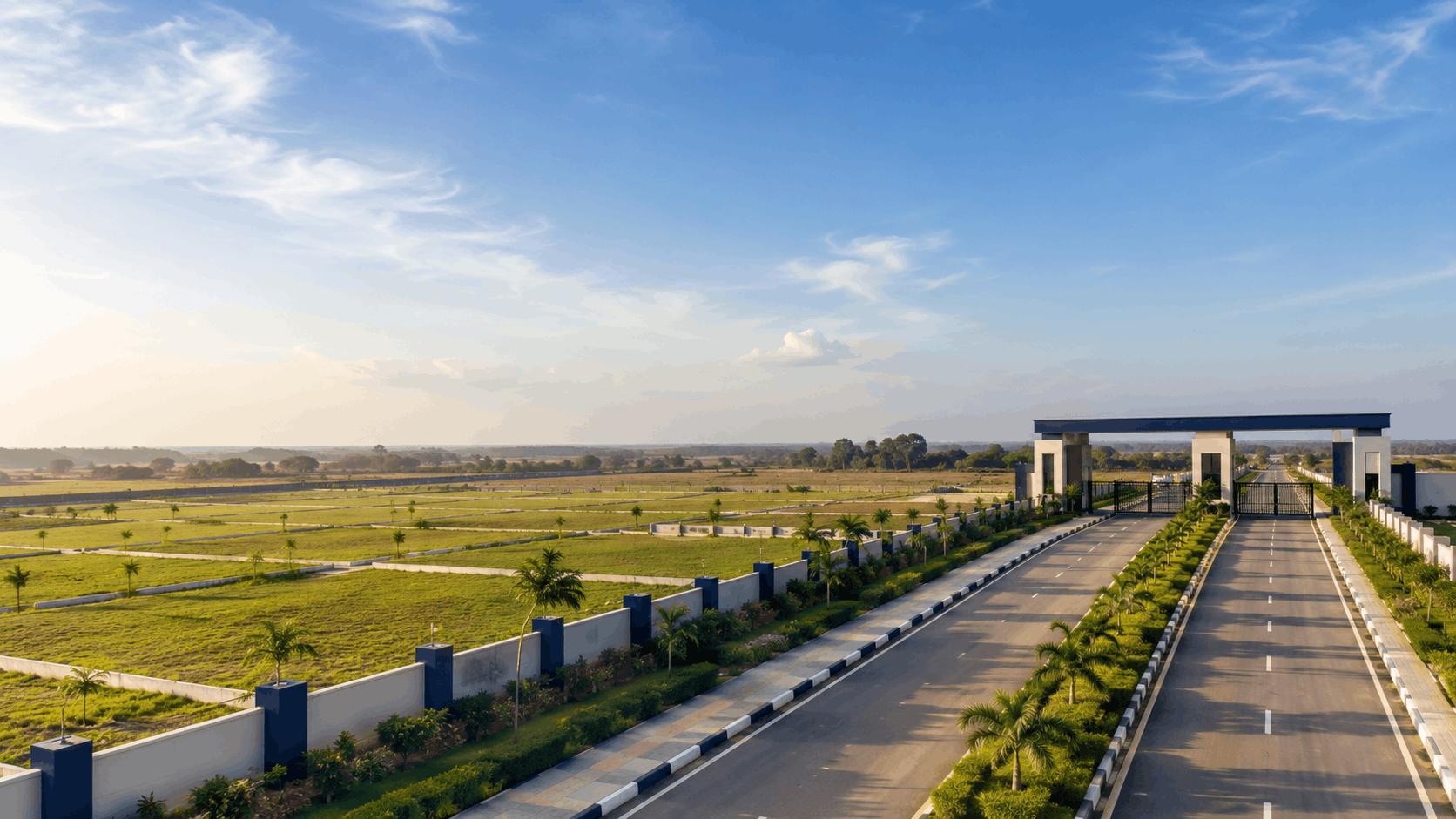 Planned estate land with road access and green surroundings